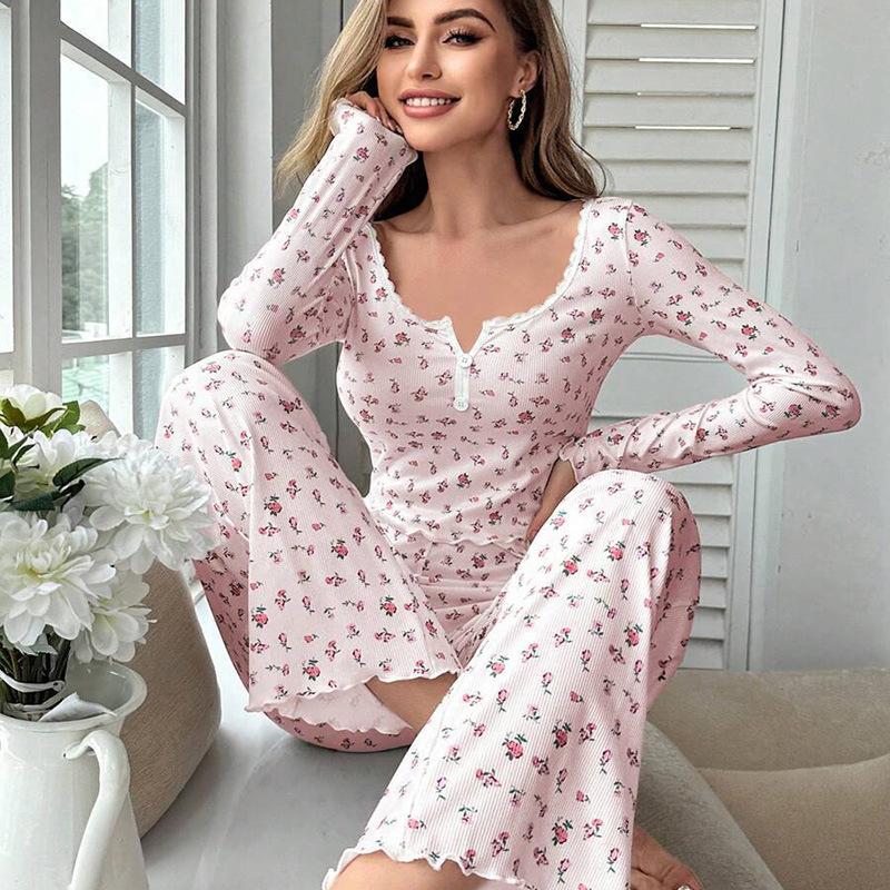 Long-sleeved trousers with small floral print and rolled-edge casual pajamas and home clothes set