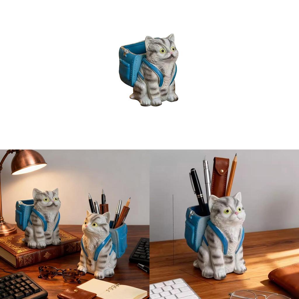 Creative Cat Pencil Holder With Cute Backpack Design For Office And School Supplies