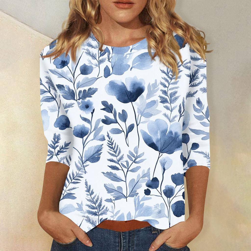 Damenmode Lässig Rundhals Bedrucktes 3/4 T-Shirt Top