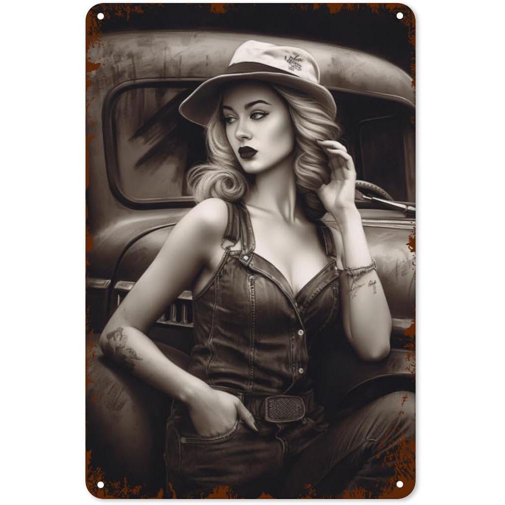 

Pinup Car Girls Metal Tin Signs Plaque Wall Decoration Vintage Art Posters Iron Painting for Man Cave Home Cafe Garden Club B 20x30cm