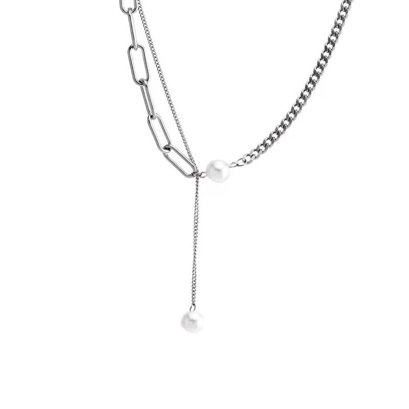 

European and American hip hop trendy splicing pearl necklace ins cold wind asymmetric collarbone chain high sense versatile
