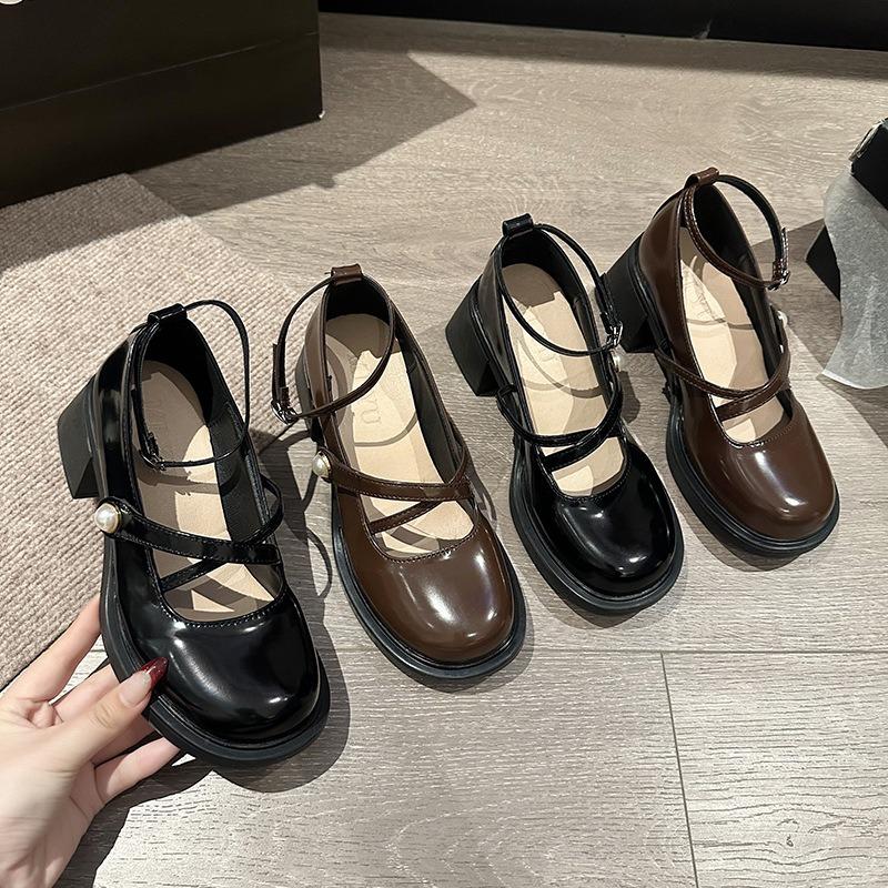 2026 Women Loafers Retro Brown Mary Jane Shoes Women Thick Heels Ankle Buckle Lolita Shoes Woman Uniform Pu Leather Pumps Shoe