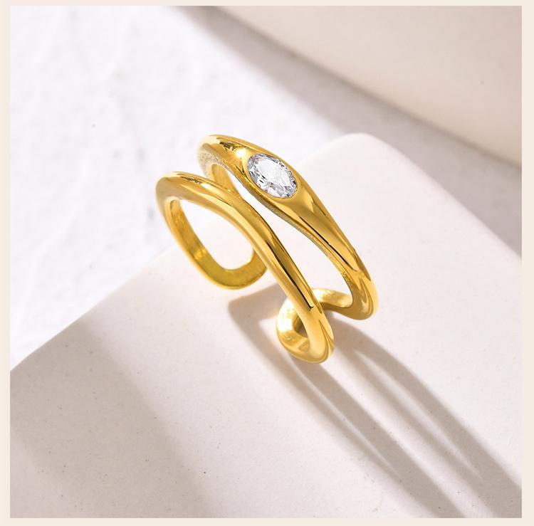 Double-layer Hollow Open Zirconia Rings for Women, Gold Plated Stainless Steel Finger Ring, Luxury Waterproof Jewelry