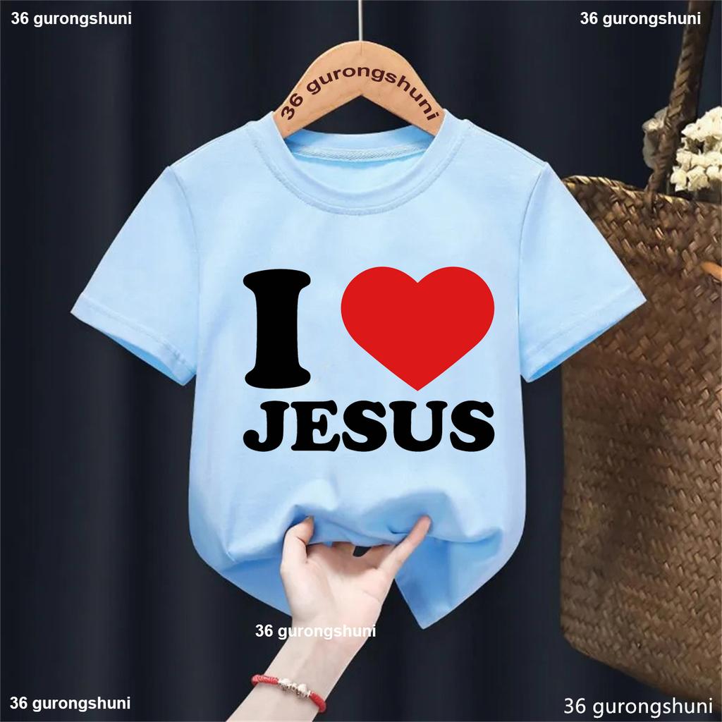 Lustiges Kawaii Kinderkleidung L Ich liebe Jesus Buchstaben bedrucktes T-Shirt Mädchen/Jungen Sommer Weiß/Schwarz/Rosa/Blau/Grau/Gelb T-Shirt