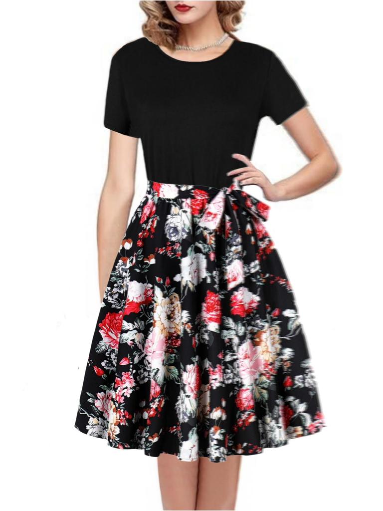 Round Neck Short-Sleeve Printed Dress