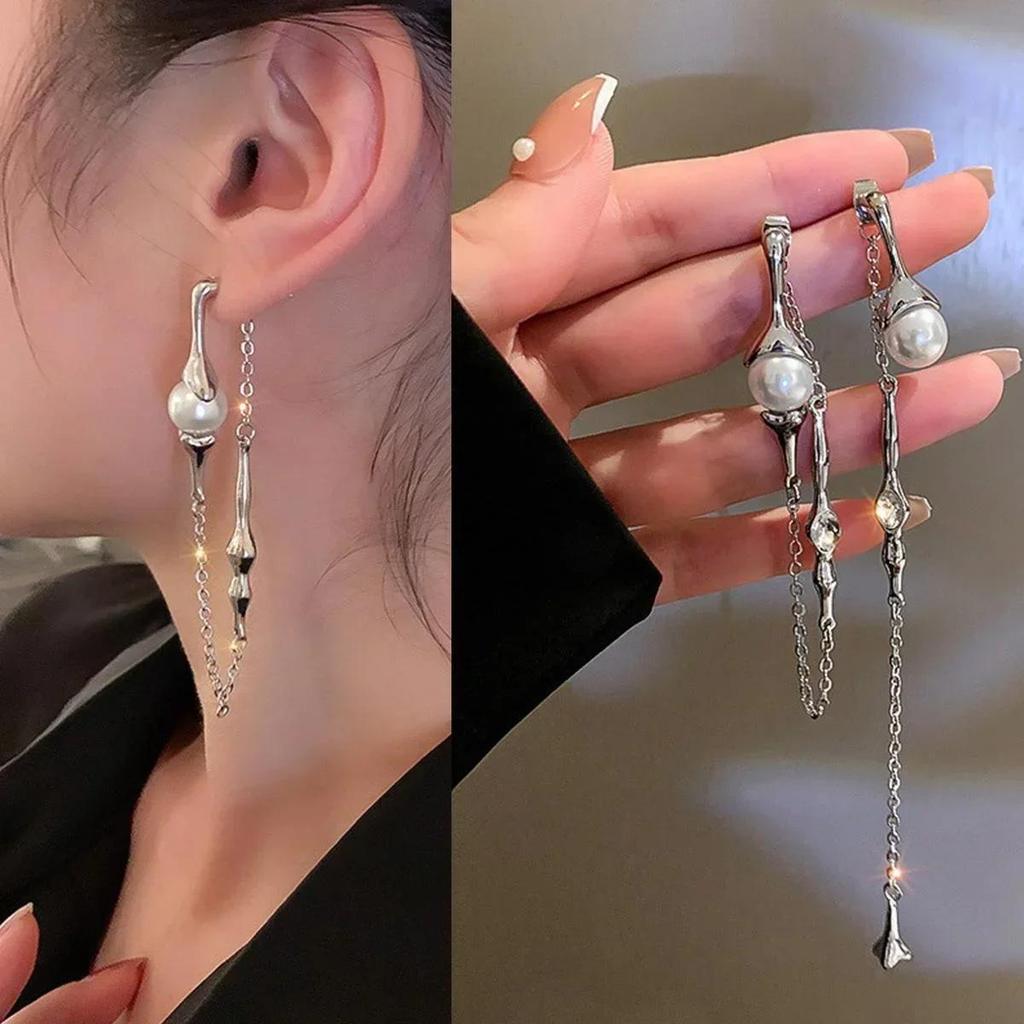 Summer Creative Fashion Ladies Asymmetric Pearl Long Tassel Earrings Korean Style A Two-wear Drop Chain Earring Accessories