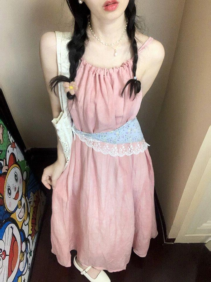 Pink suspender long dress women's summer new seaside vacation beach dress neck design niche skirt