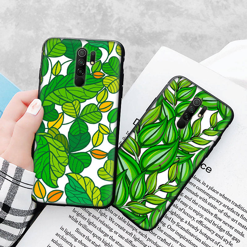 Black Case for Xiaomi Redmi 13C Note 9 iPhone XR 7 8 14 15 11 12 13 X XS Pro Max Samsung A25 S23 S24 FE Ultra Plus Green Leaves