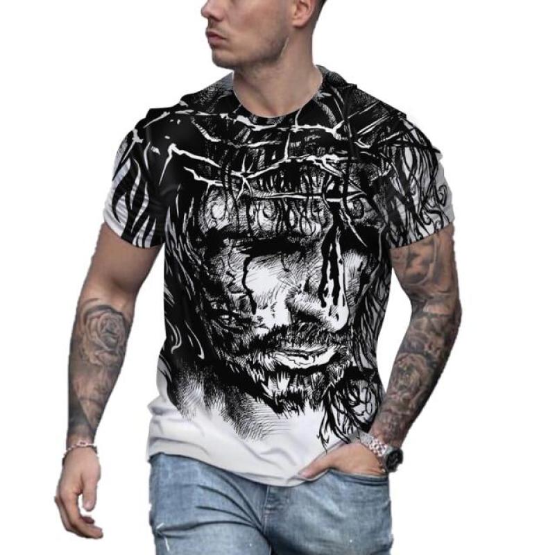 Retro Men's T-shirt Jesus Pattern T-shirt Men's Casual Short sleeved T-shirt Quick Drying Large Clothing Top Street Clothing