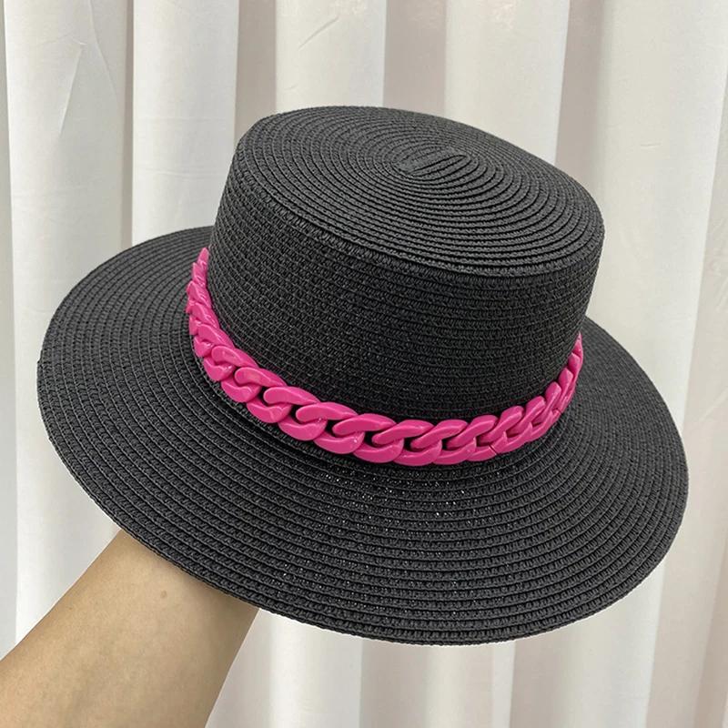 Nieuwe Kleur Ketting Platte Top Unisex Jazz Strooien Hoed Buiten Vrouwen Zeevakantie Zon Strand Hoeden Mode Zomer Panama Emmer Hoed
