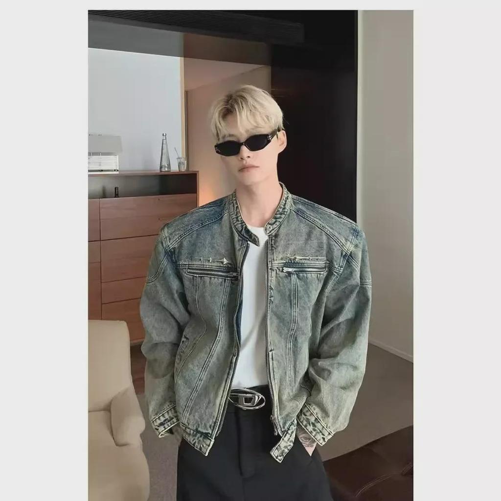 2023 Men's Trendy Vintage Denim Jacket: High Street Short Design, Stand Collar, Zipper, and Shoulder Pads for Autumn