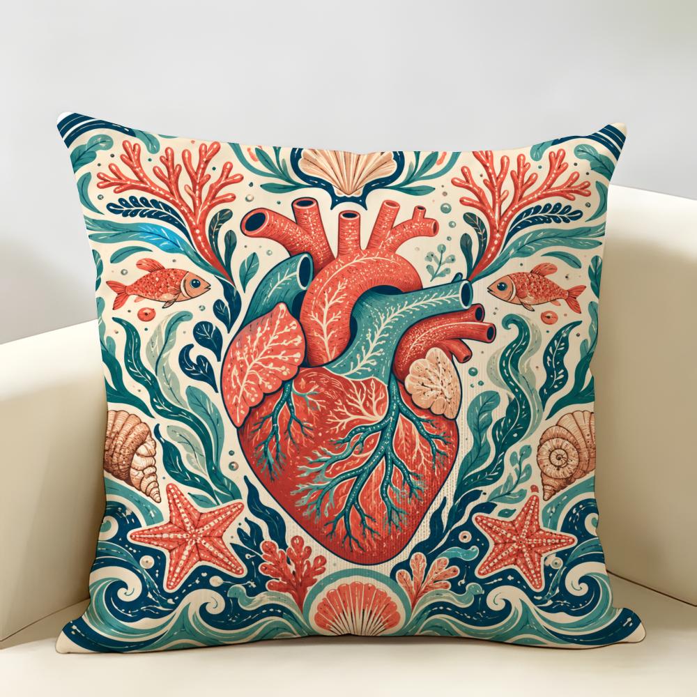 Anatomical Heart Maximalist Floral Art Cushion Cover Durable Hypoallergenic Organic Linen Pillow Cover Washable Skin-Friendly