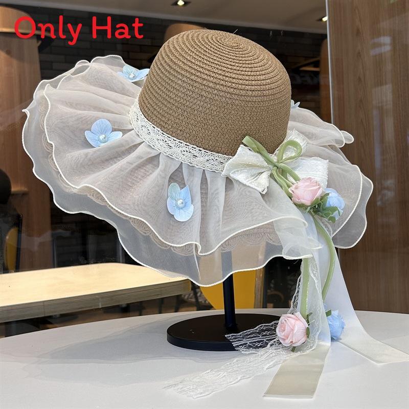 Summer Straw Hat For Women With Lace Bow Sun Protection Beach Vacation