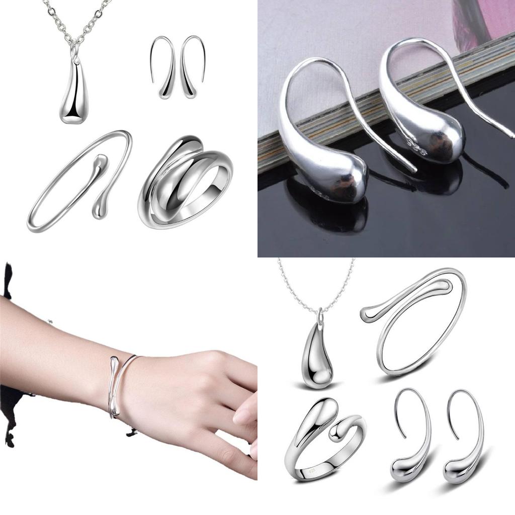 Beautiful Silver Plated Water Drop Jewelry Ensemble Includes Bracelet Necklace Earrings And Ring