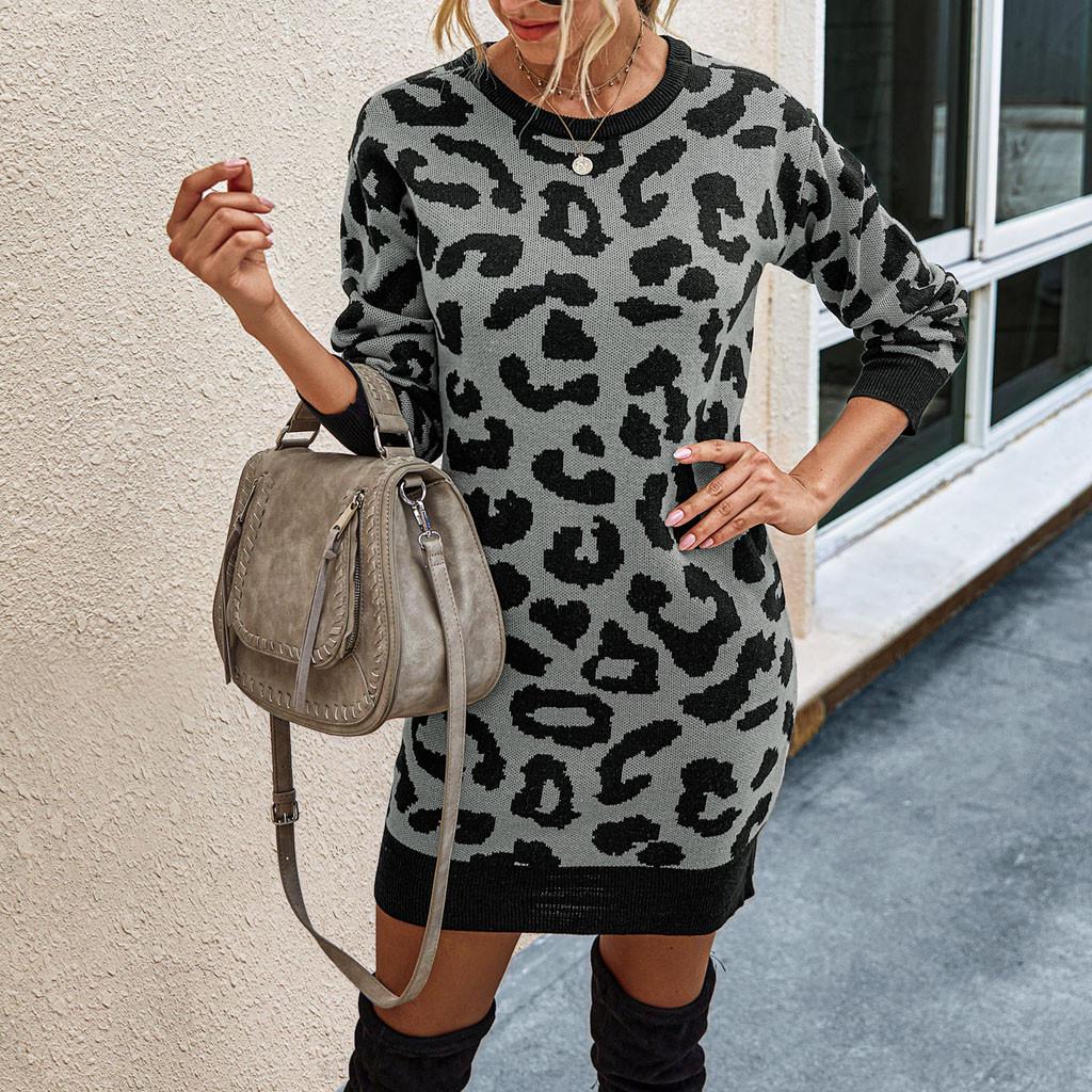 Women  And Winter Fashion Leopard Print Buttock Wrapping Knittin Dress
