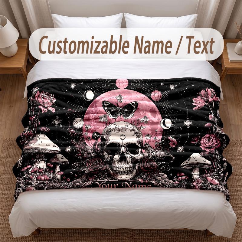 Skull Gothic Theme Soft Blanket Personalized Custom Name Text Print Warm Blanket Home Sofa Bedroom Decor