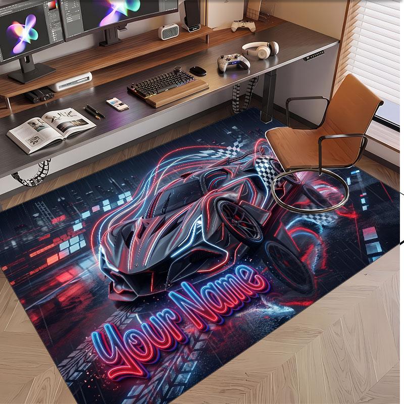 Auto-Rennsport-Thema Weicher Kristall-Samt Teppich Benutzerdefinierter Name & Text Druck Rutschfester Boden Teppich für Schlafzimmer Wohnzimmer
