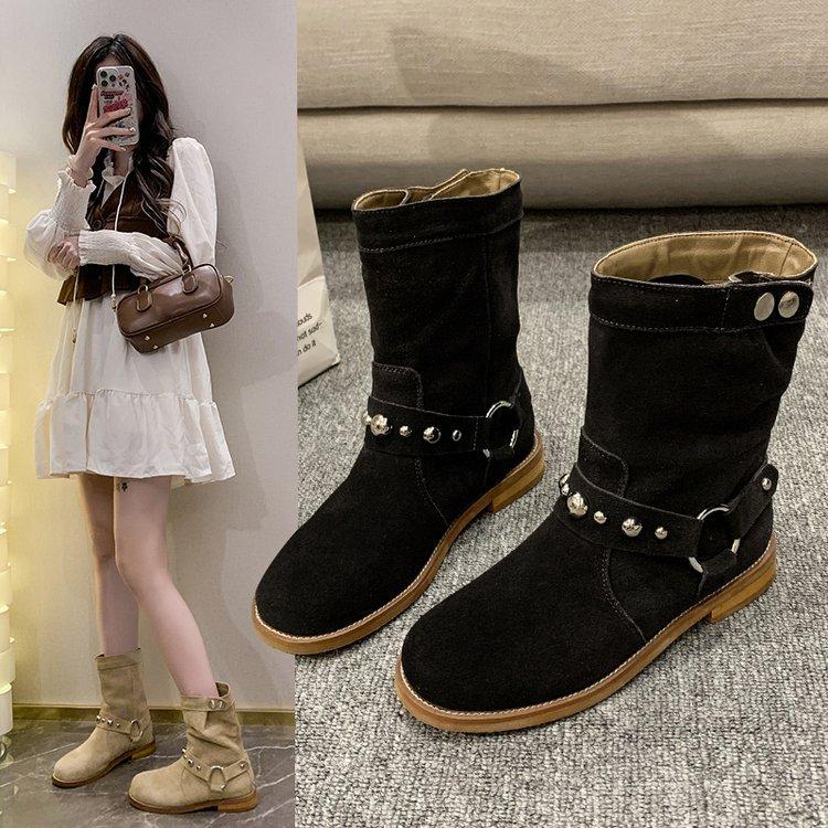 Europäischer und amerikanischer Stil Western-Cowboystiefel Damen mittlerer Schaft 2025 Herbst neue dünne braune vielseitige Retro-Damenstiefel mit dickem Absatz