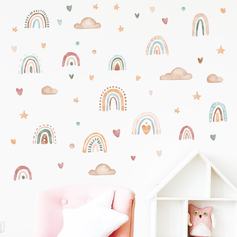 Bohemia Style Boho Rainbow Hearts Stars Pattern Wall Stickers For Kids Room Decor Baby Nursery Room Wall Decals