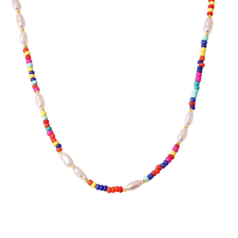 Bohemian Multi-Color Beaded Necklace with Glass Stones and Freshwater Pearls for Women