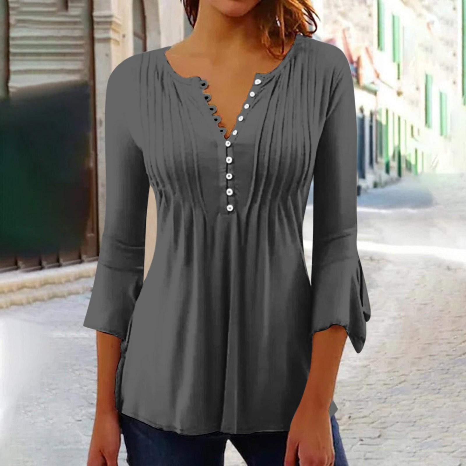 

Женские рубашки с рукавами 3/4 лепестка, футболки, блузки, повседневные базовые топы, плиссированный пуловер на пуговицах XL