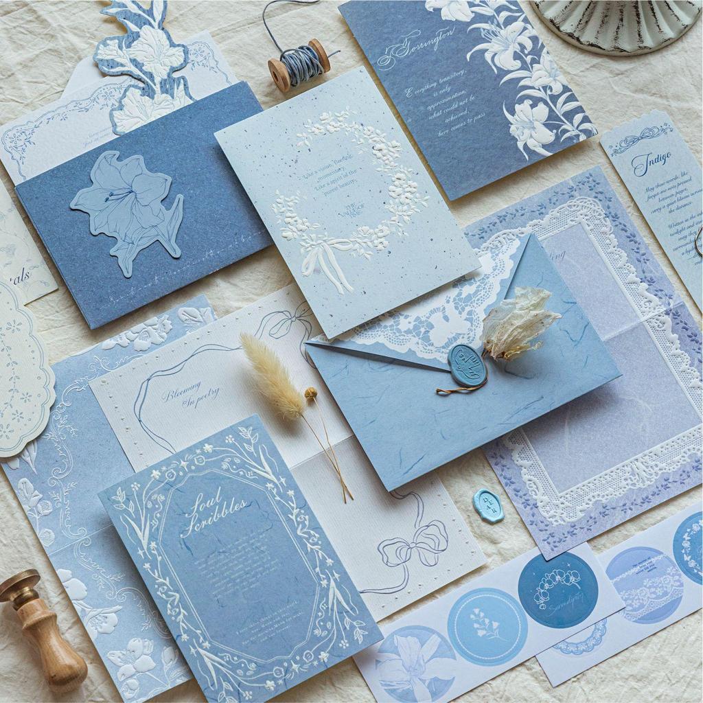 Mò Mò Embossed Letter & Envelope Set: Wish Flower Artistic Style with Greeting Card, Postcard, and Bookmark.