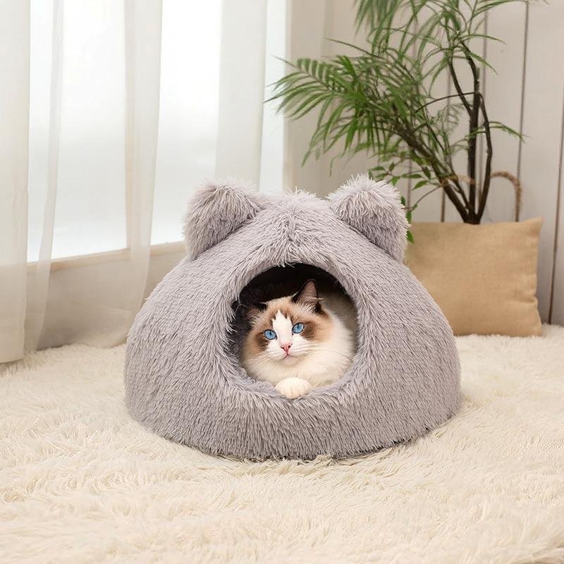 Enclosed Warm Long Plush Cat Ear Pet Bed For Cats And Dogs