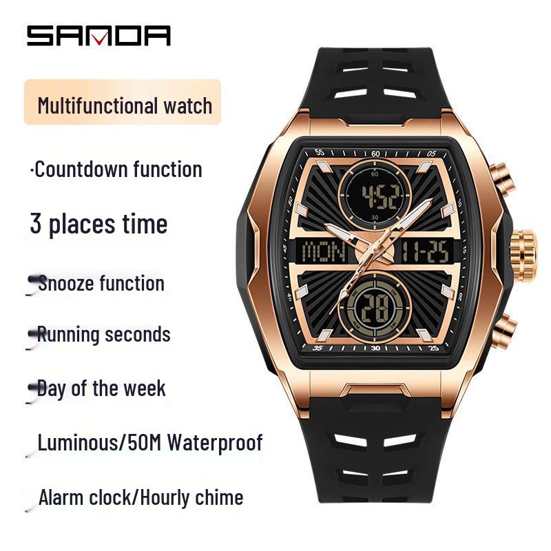 Sanda Dual-Movement Barrel Watch: Luminous Alarm, Large Dial, Multifunctional Student Watch.