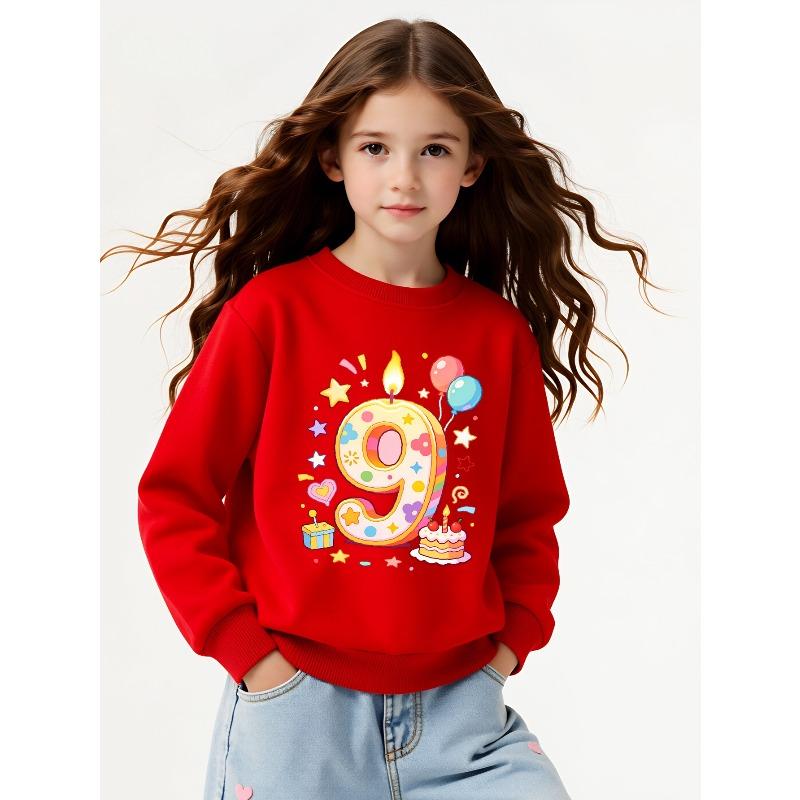 European Sizes Girls Soft Crewneck Sweatshirt Nine Birthday Candle Number Print Design, Casual All-Match, Ideal Holiday Present