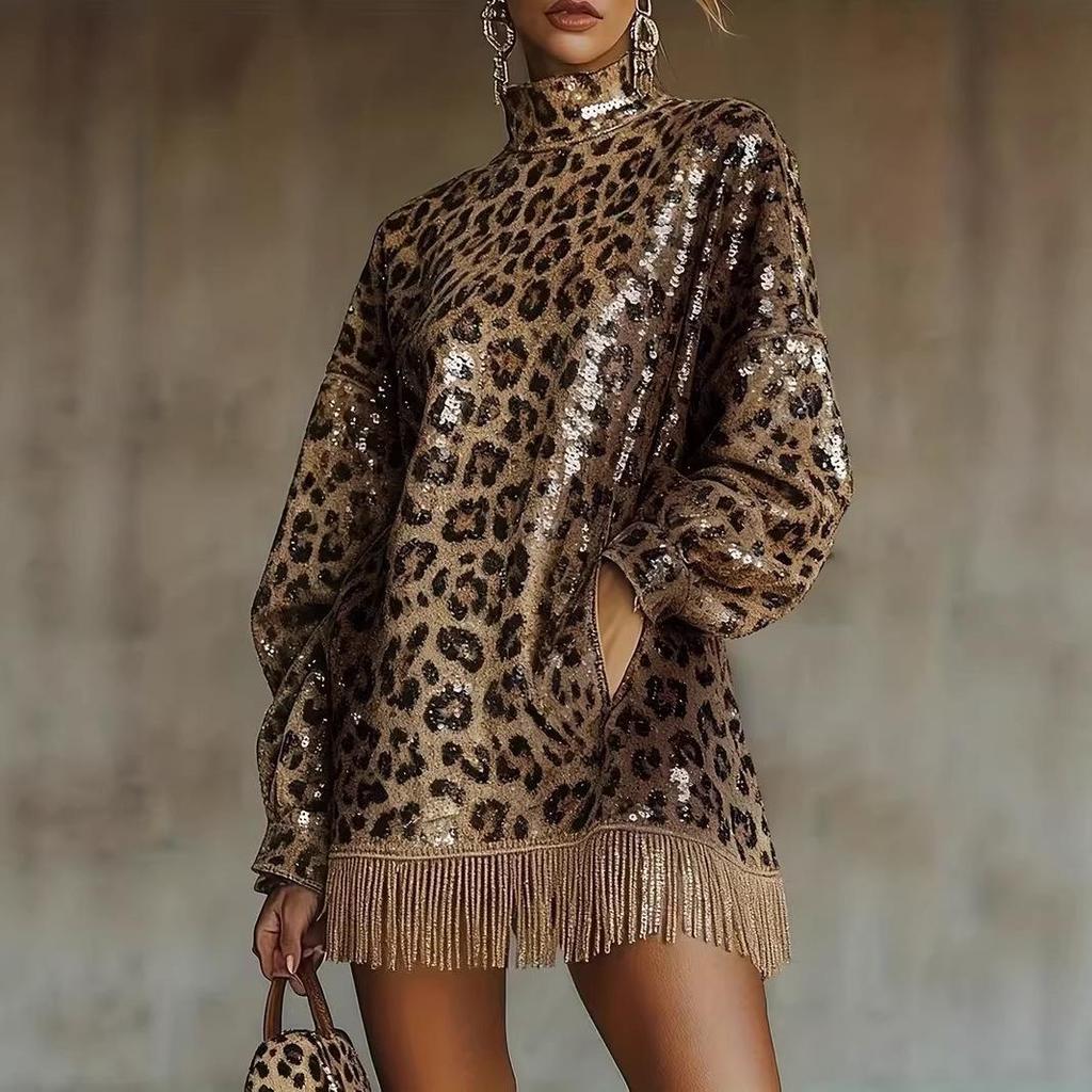 2025 Autumn/Winter Leopard Print High Neck Brown Sequin Fringe Dress