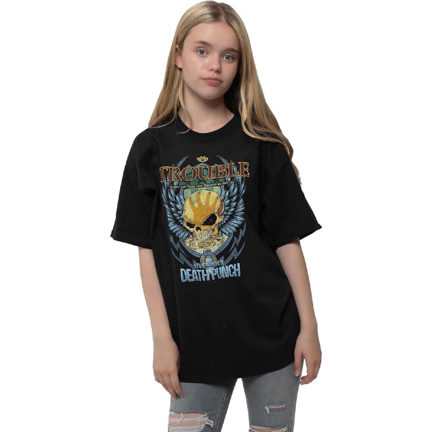 Five Finger Death Punch Kids T Shirt Trouble New Official Black Ages 5-14 Yrs S