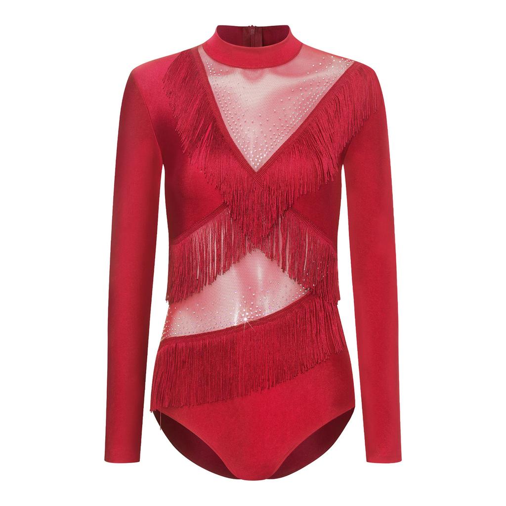 Damen Latein Tanz Jumpsuit Strasssteine Langarm Reißverschluss Hinten Fransen Leotard