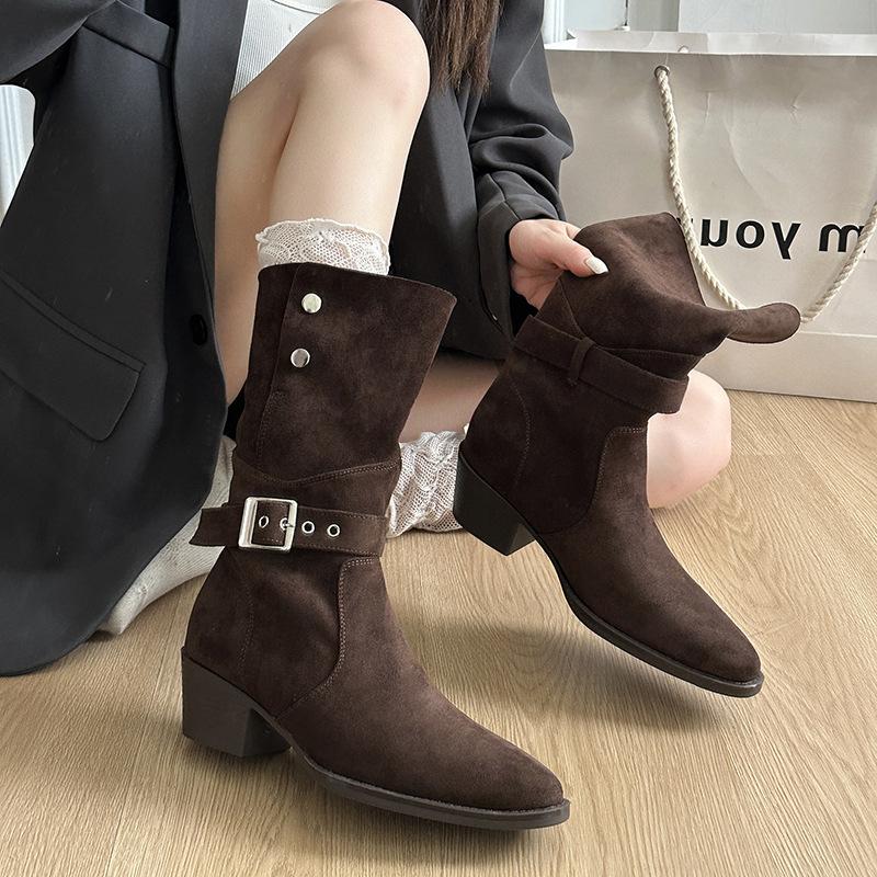 Retro belt buckle pointed middle boots thick heel autumn and winter fashion thick sole, thin and high casual western cowboy boots