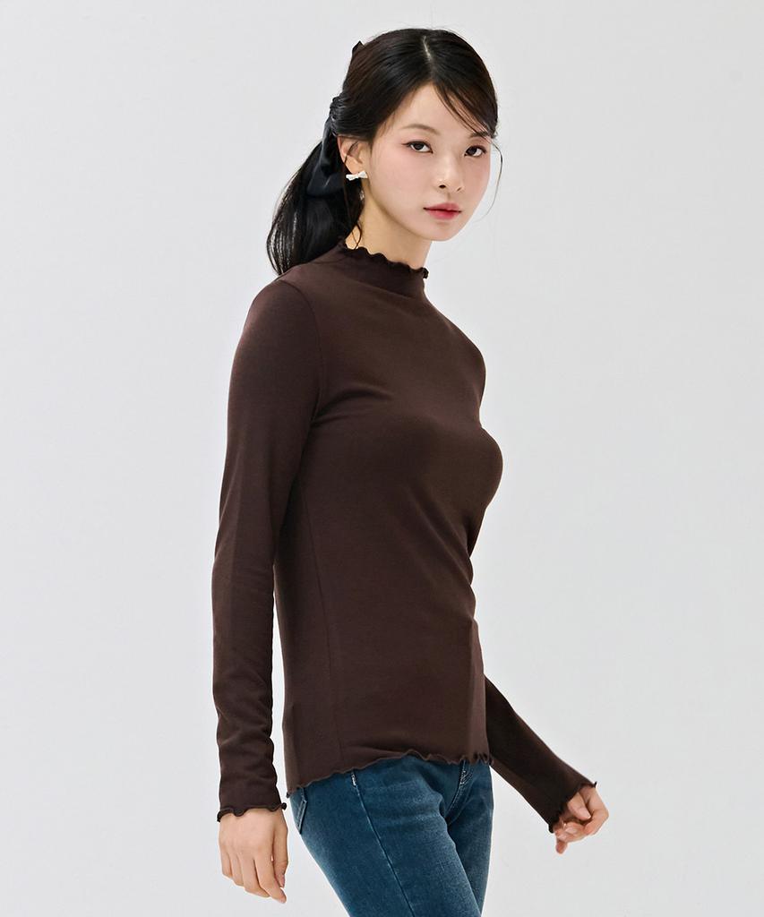 CHASECULT Women'S Frill Mock Neck Fleece T-Shirt - Brown
