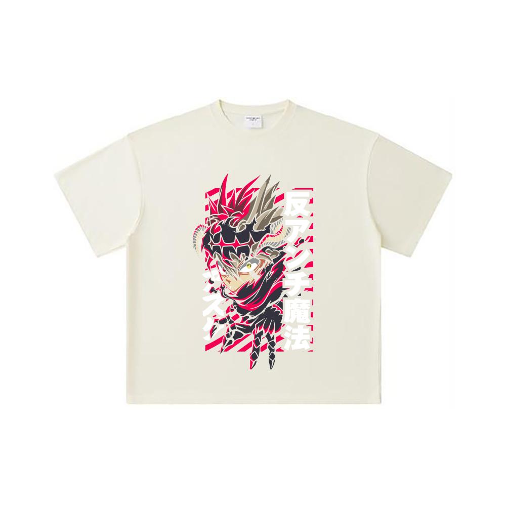 260 GSM Double Yarn 32 Count 100% Cotton Black Clover V5 Asta Demon Print Unisex Heavy Cotton T Shirt