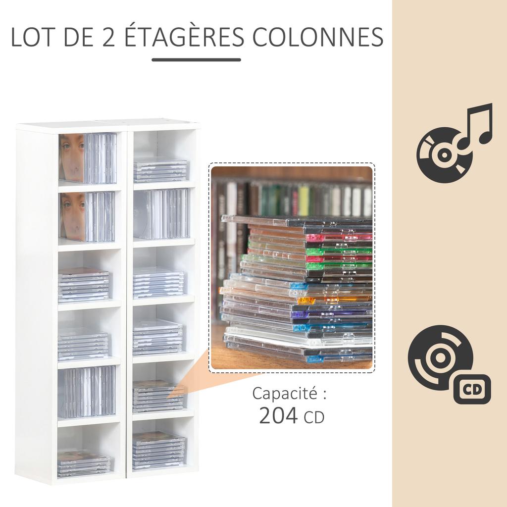 Set of 2 Column Shelves CD-DVD Storage Cabinet 6 + 6 Compartments Dim. 21L X 19W X 88H Cm Max. Capacity 160 CDs White