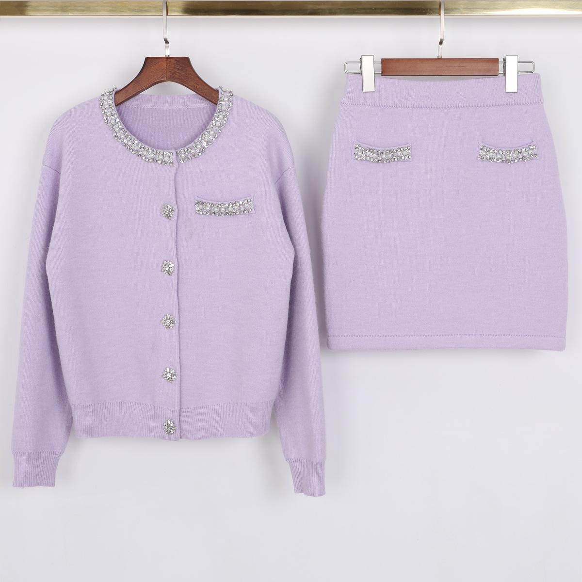 In stock, spring and autumn new fashionable cashmere knit studded rhinestone cardigan jacket + pencil skirt set for women, 25279 S