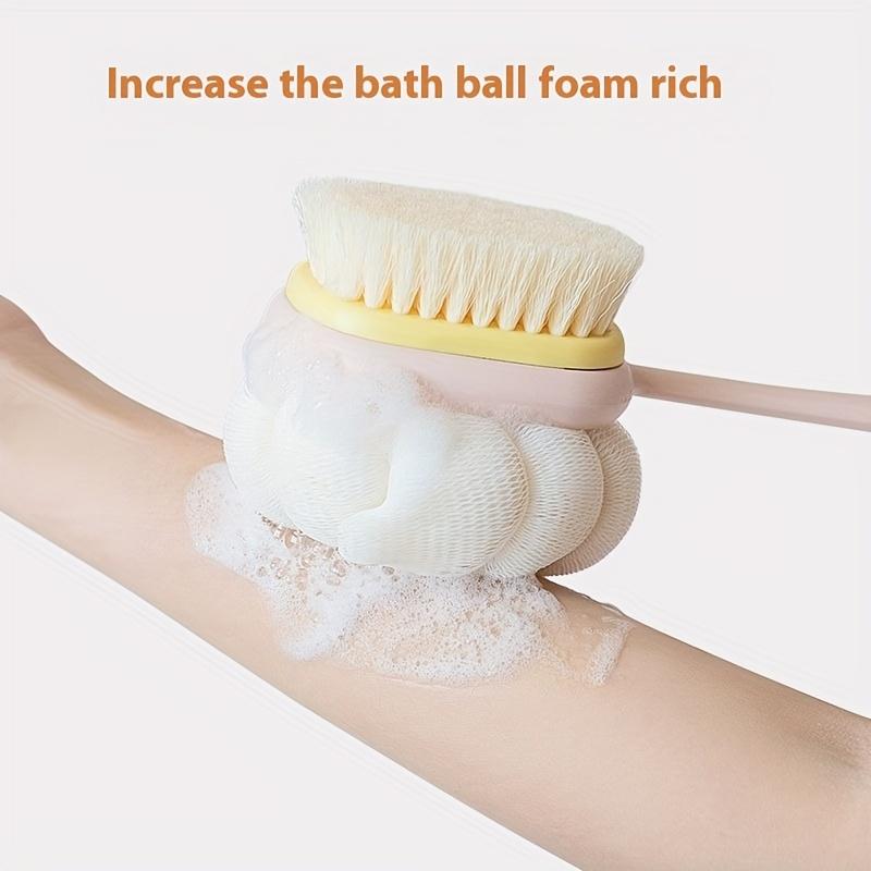 Dual-sided bath brush with long curved handle. 2-in-1 velvet and sponge design, easy for back washing, gentle exfoliating