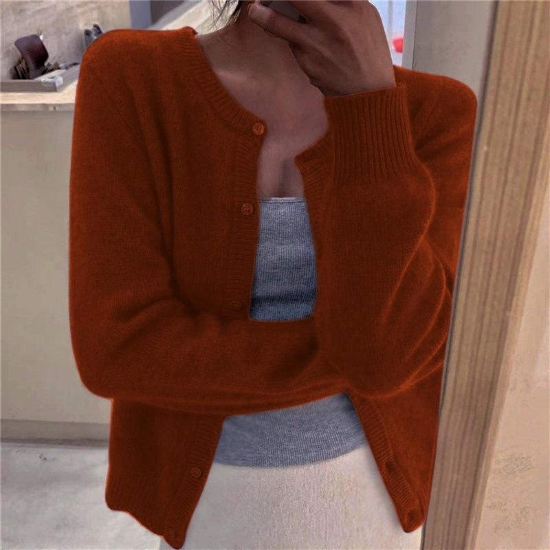Evropský a americký styl jednobarevný pletený kardigan: Jednořadý, s dlouhým rukávem, kulatým výstřihem, ležérní svetr pro ženy