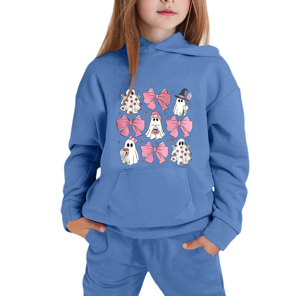 Kids Halloween Hoodie Pullover Sweatshirt with Ghost and Bow Print Long Sleeve Casual Top for Boys Girls