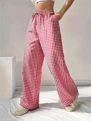 Women's Spring/Autumn Loose-Fit Pink Checkered Tie-Waist Casual Checkered Pants