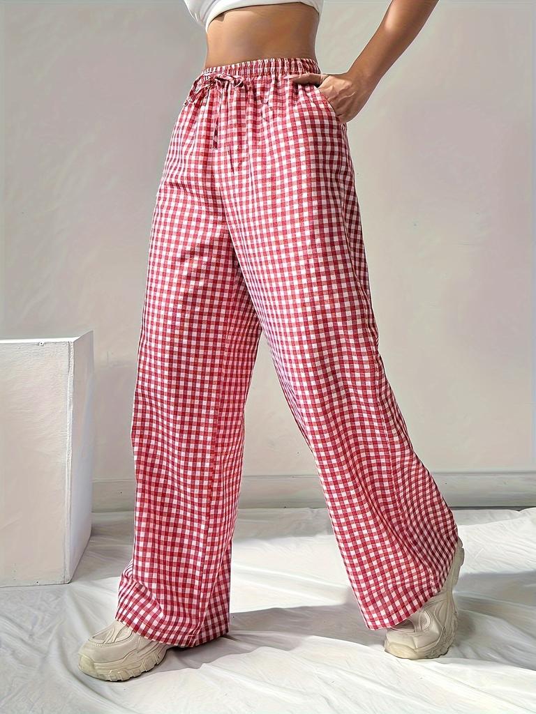 Women's Spring/Autumn Loose-Fit Pink Checkered Tie-Waist Casual Checkered Pants