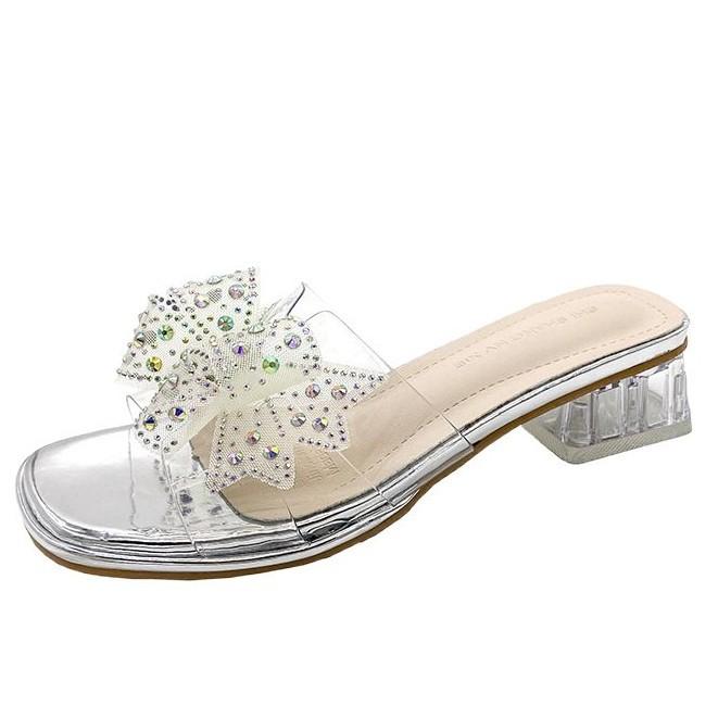Thick heel transparent outer slippers fairy wind 2025 summer new Internet celebrity pearl bow high heel one-word
