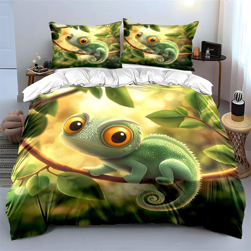 Cute Chameleon Leaf Print Set Bedding Duvet Cover Set Duvet Cover Pillowcases (1 * Duvet Cover 2 * Pillowcases, without duvet insert)