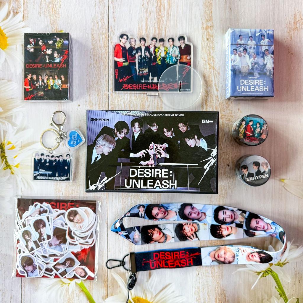 ENHYPEN WUNSCH: UNLEASH Merch Geschenkbox Set - 5. Mini-Album Lomo-Karten Aufkleber Schlüsselanhänger Lanyard Ständer Abzeichen K-Pop Merchandise ENGENE Geschenk