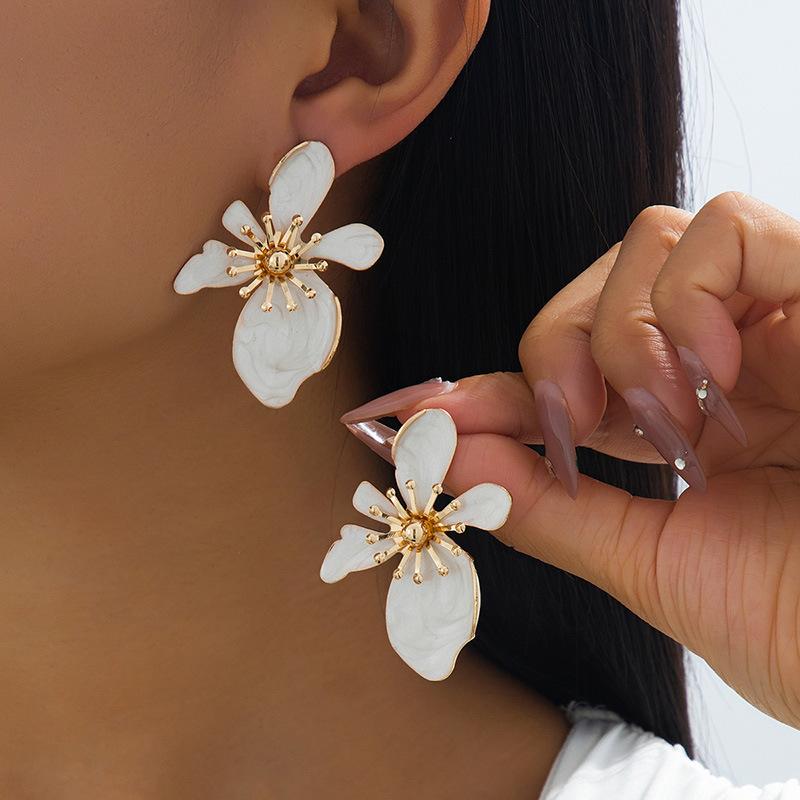 Marbled Enamel Flower Earrings with Polished Gold Trim Lovely Chic Design for Wedding Prom Party Gift for Her