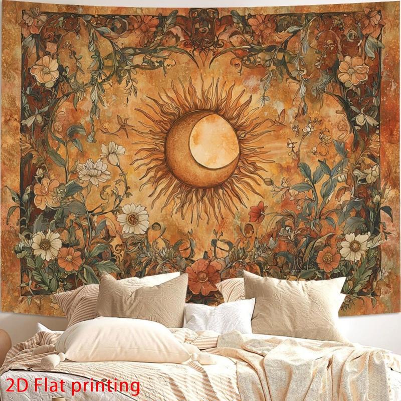 Hippie Bohemian Tapestry Sun And Moon Floral Wall Decor Warm Ambiance Home Office