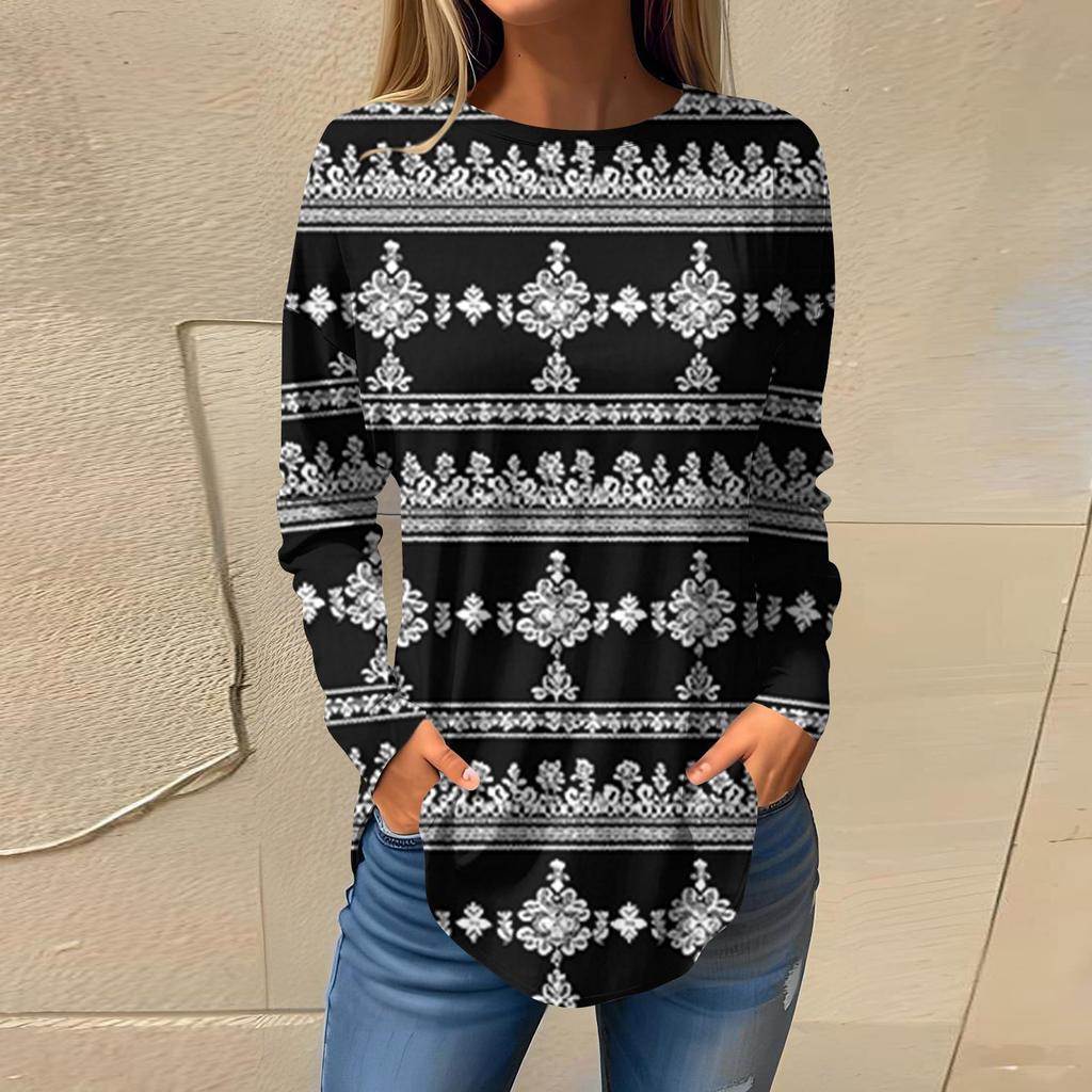 Women's  Loose Casual Flower Printed Round Neck Long Sleeved T Shirt Top Pullover Long Sleeved Sweatshirt