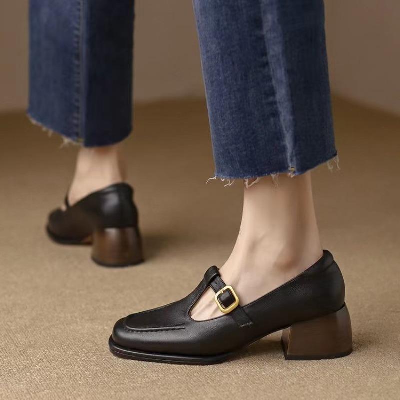 Fashion New Fashion Women's T Strap Leather Chunky Oxford Shoes Brown Mid Heels Square Toe Designer Pumps Black Sewing Dress Shoes