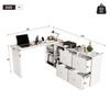 Corner Table, Tabletop 360 Swivel - Can Be Set Up L-shaped or Straight, MDF, Tabletop and Legs Reinforced 4 cm, 4 Compartments, 4 Drawers, White, Desk